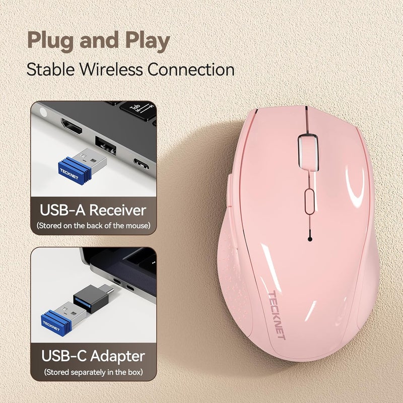 TECKNET Wireless Mouse Jiggler, Silent Click Rechargeable Mouse, Plug & Play with USB-C Adapter, 6400 DPI Ergonomic Mouse, Build-in Mouse Mover, 2.4G Computer Mice for Mac, Laptop, Desktop, PC - Image 4